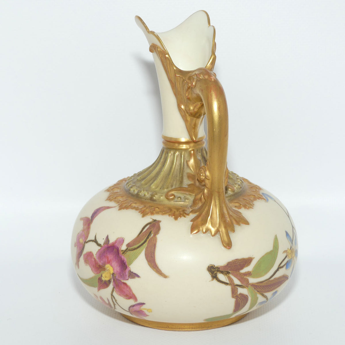 Royal Worcester Blush Ivory hand painted bulbous jug with orchid and dolphin handle | Smaller size |