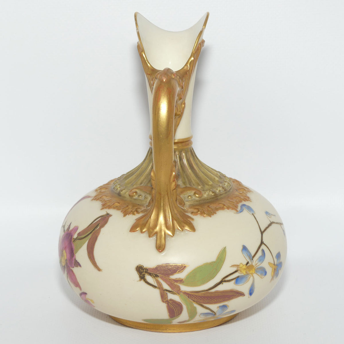 Royal Worcester Blush Ivory hand painted bulbous jug with orchid and dolphin handle | Smaller size |