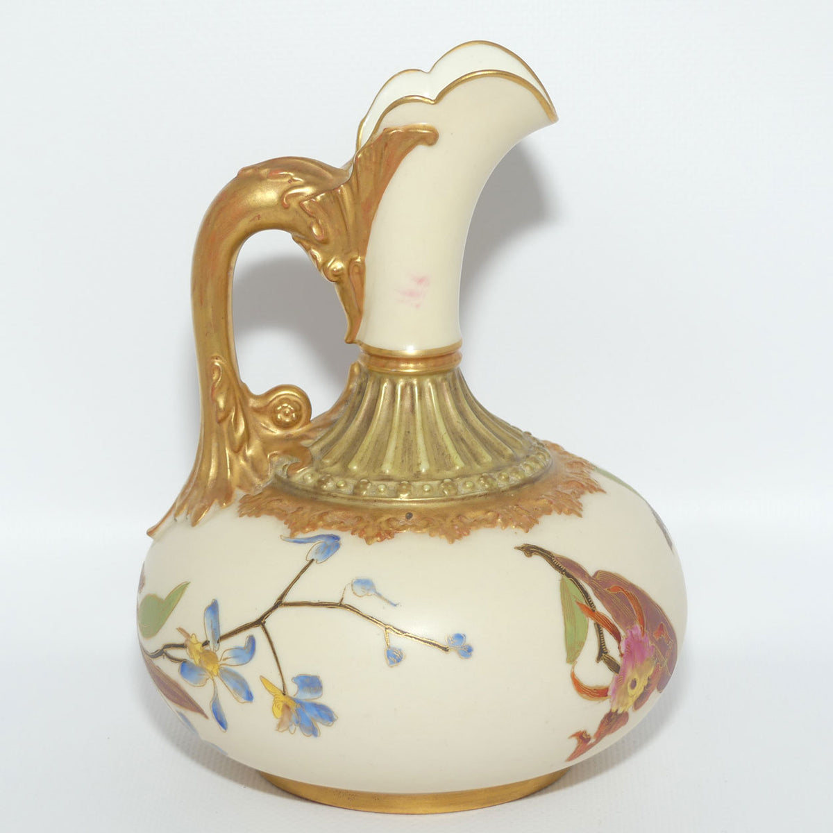 Royal Worcester Blush Ivory hand painted bulbous jug with orchid and dolphin handle | Smaller size |