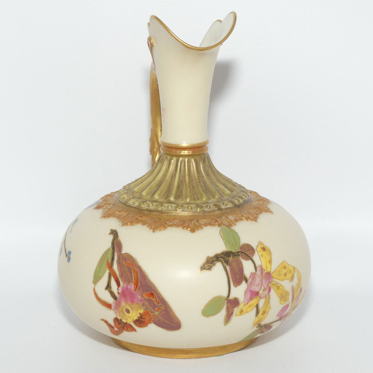 Royal Worcester Blush Ivory hand painted bulbous jug with orchid and dolphin handle | Smaller size |