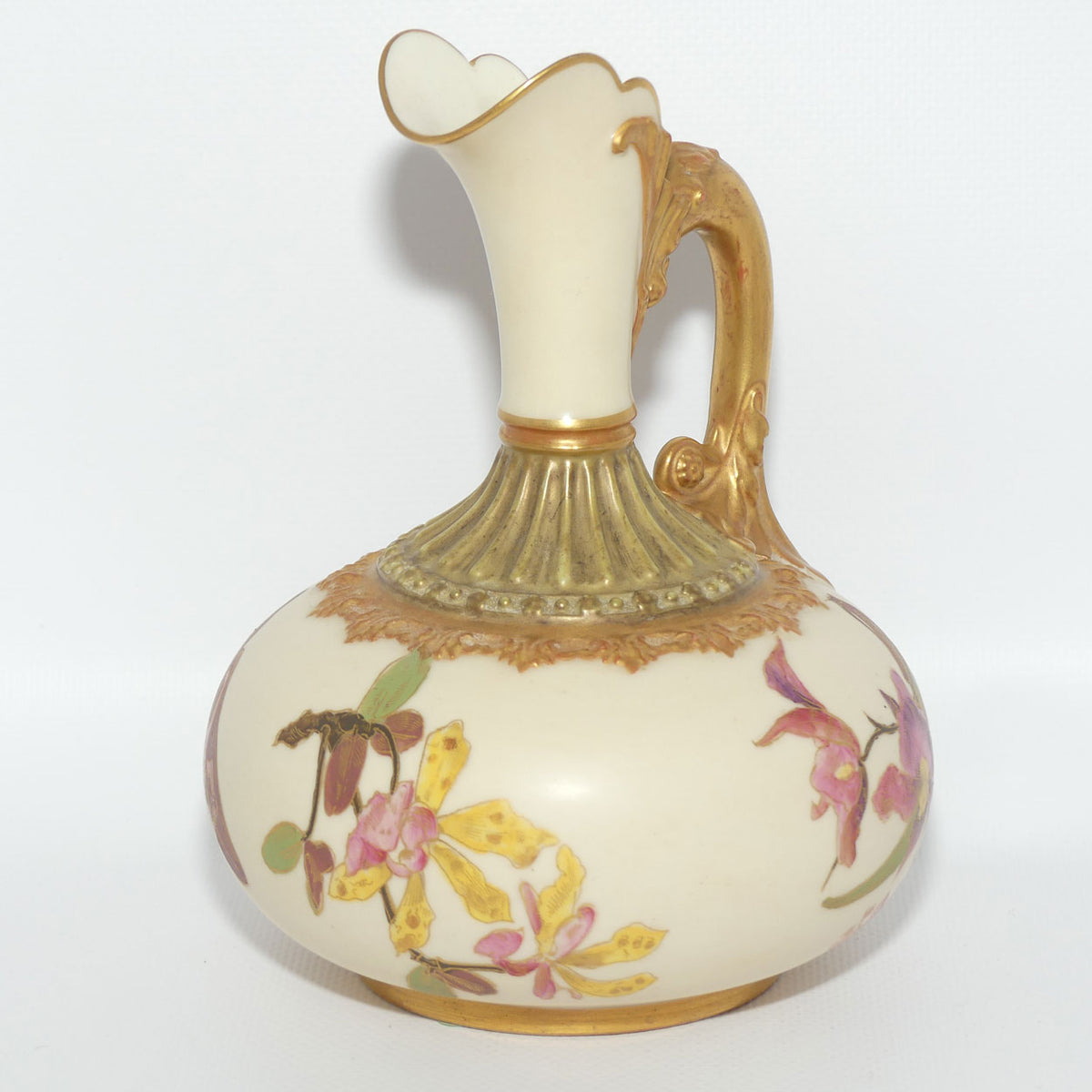 Royal Worcester Blush Ivory hand painted bulbous jug with orchid and dolphin handle | Smaller size |