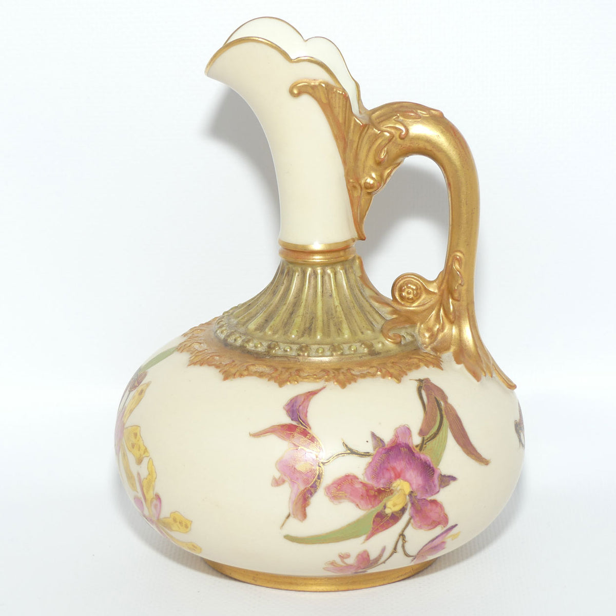 Royal Worcester Blush Ivory hand painted bulbous jug with orchid and dolphin handle | Smaller size |