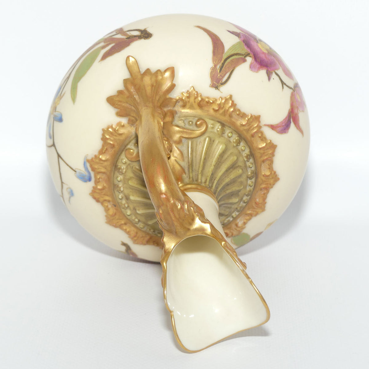 Royal Worcester Blush Ivory hand painted bulbous jug with orchid and dolphin handle | Smaller size |