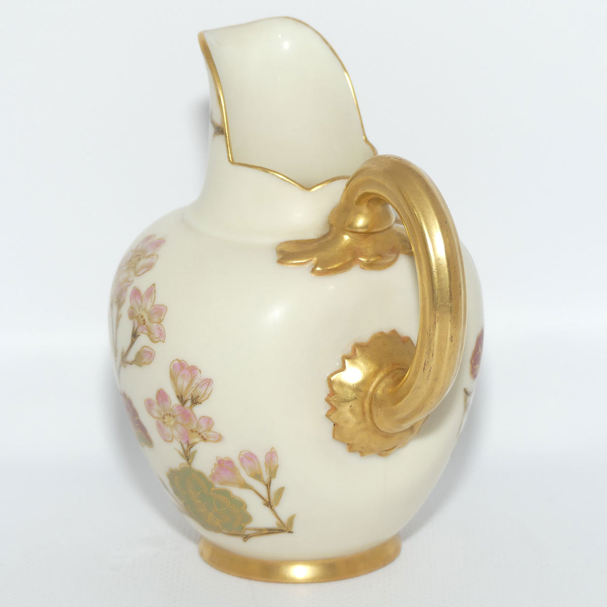 Royal Worcester Blush Ivory hand painted pink floral and foliage very small flatback jug