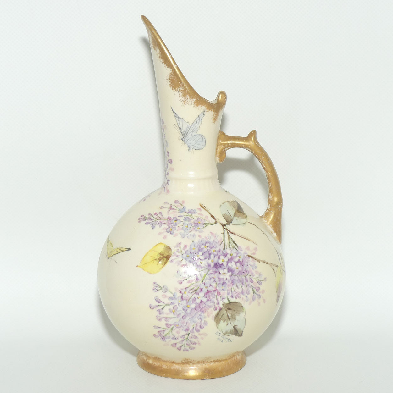 Early Australian China Painted Flowers and Butterflies ewer | Ethel L Thomas 1906