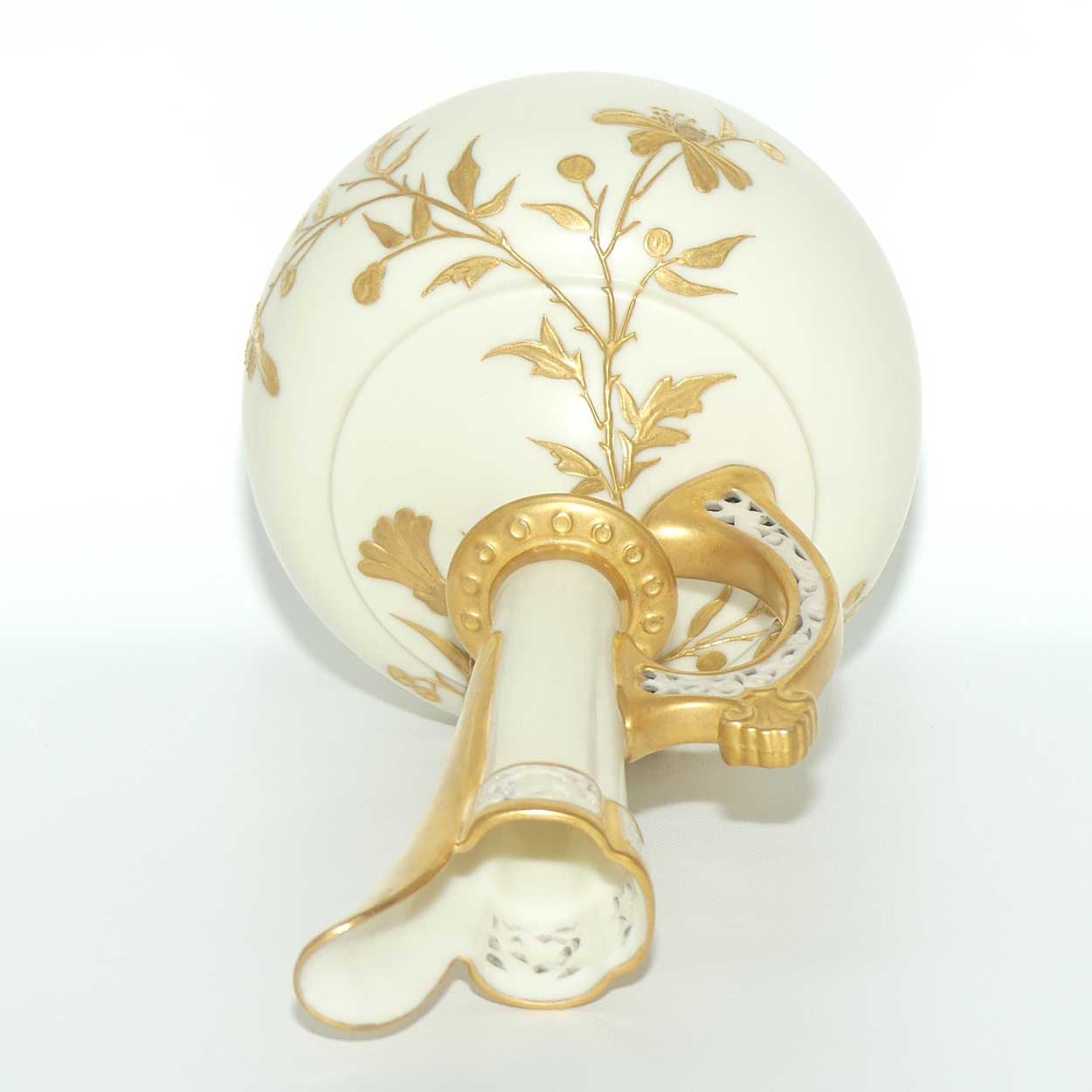 Royal Worcester Blush Ivory heavy gilt floral jug with reticulated handle and gilt pouring rim