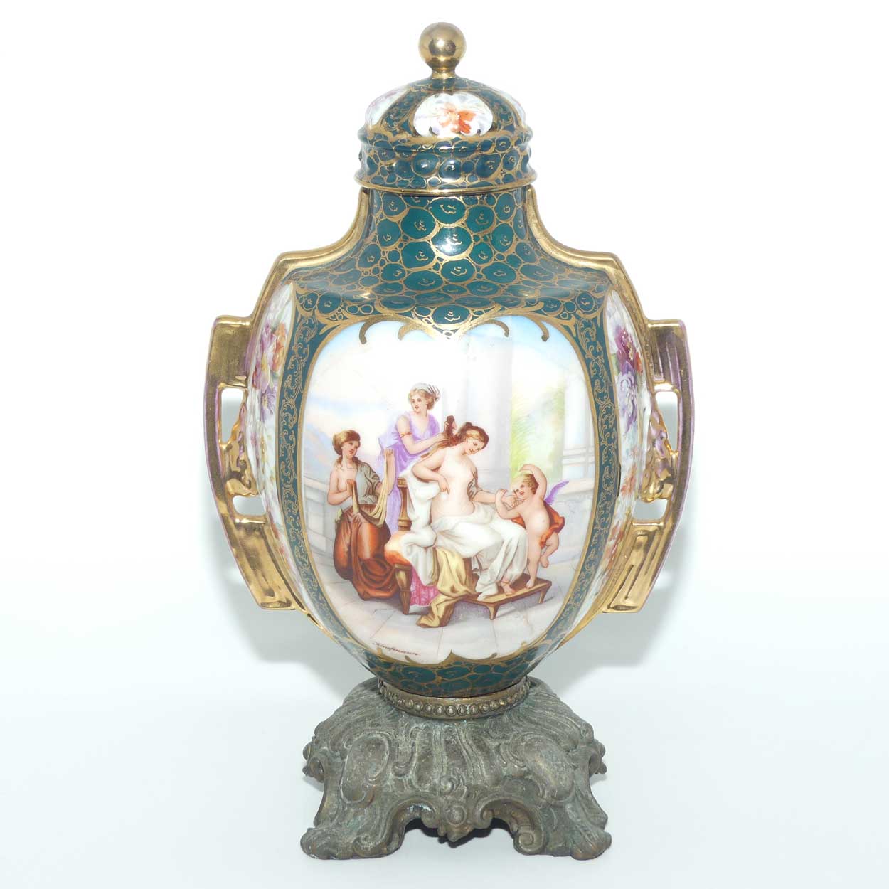 19th Century Porcelain Lidded Urn with Neoclassical scenes on Spelter base