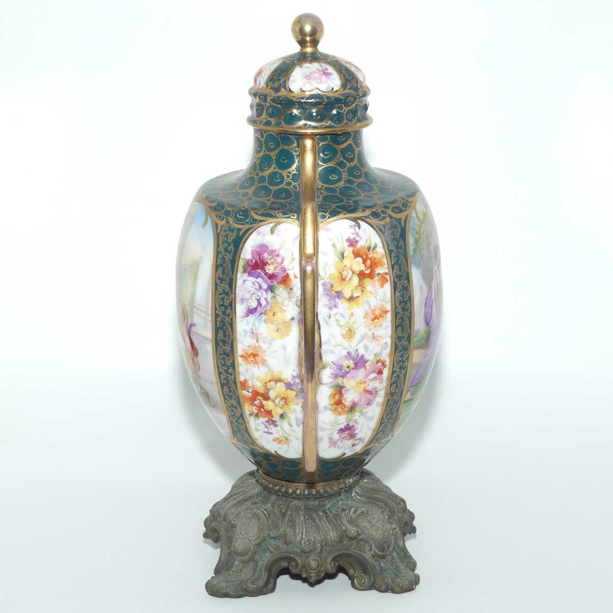 19th Century Porcelain Lidded Urn with Neoclassical scenes on Spelter base