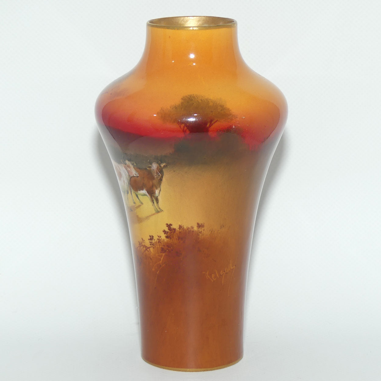 Royal Doulton hand painted & gilt Cattle unusual shape vase (Kelsall)