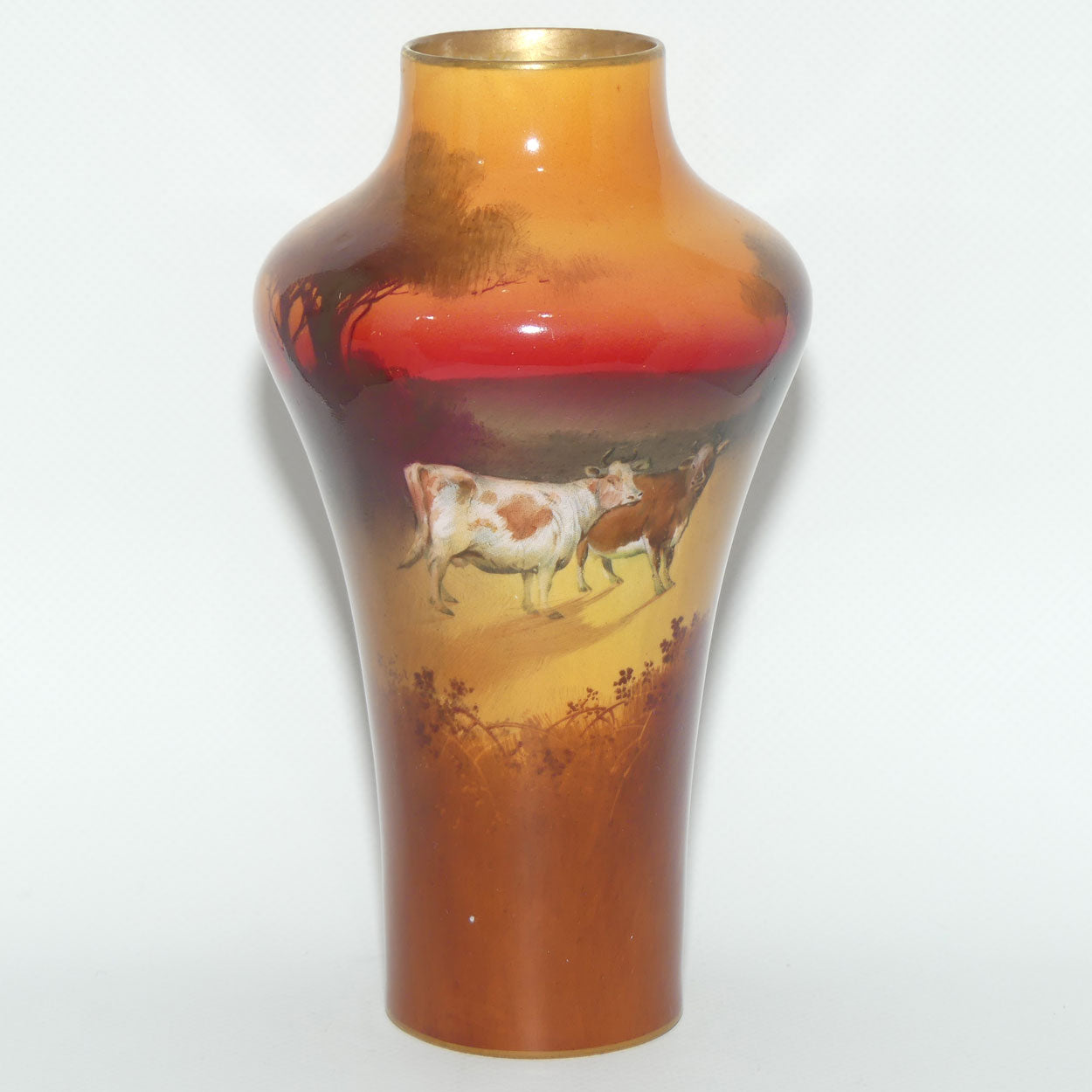 Royal Doulton hand painted & gilt Cattle unusual shape vase (Kelsall)
