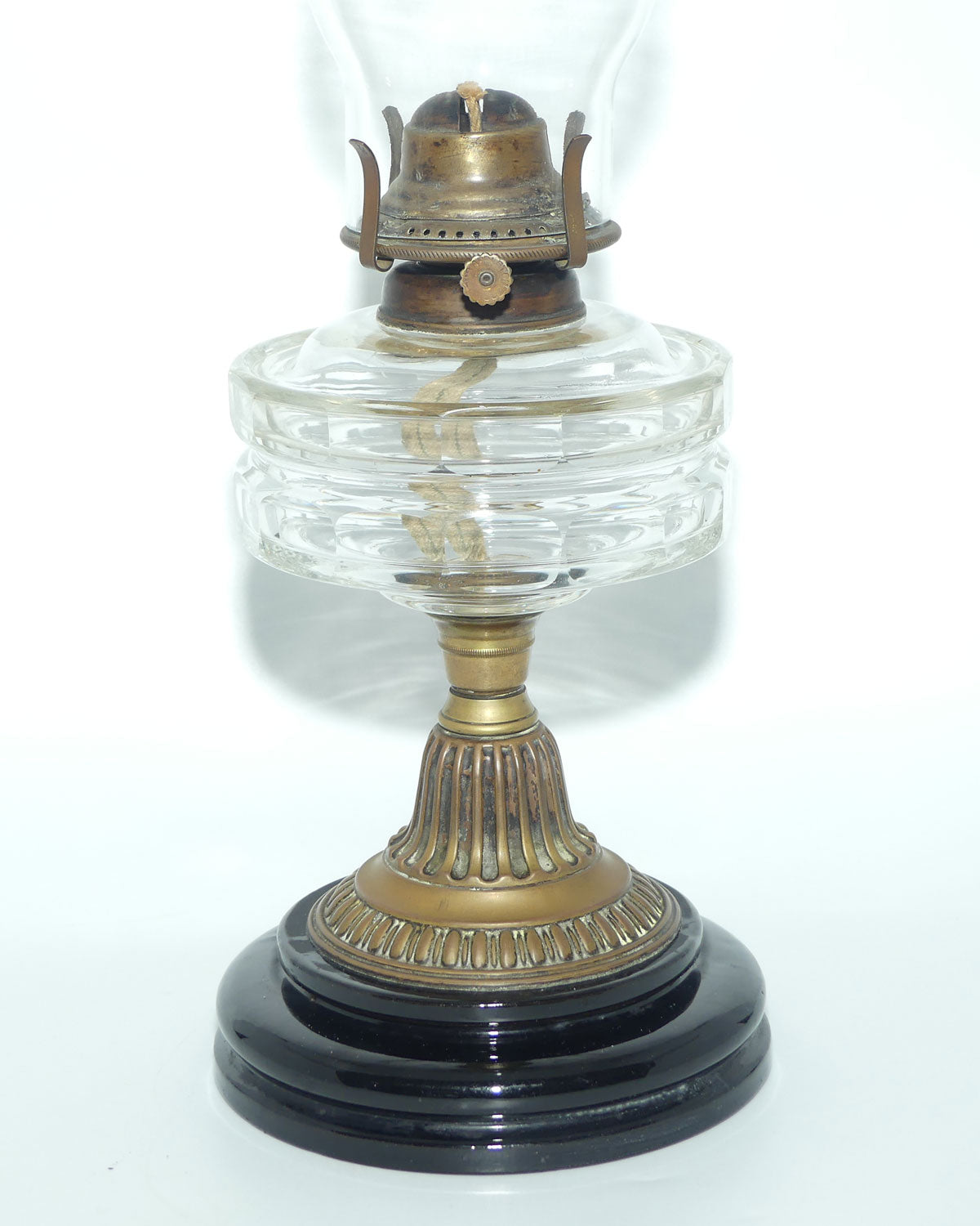 Victorian facetted Crystal font Oil Lamp | Brass Column on Black Terracotta base