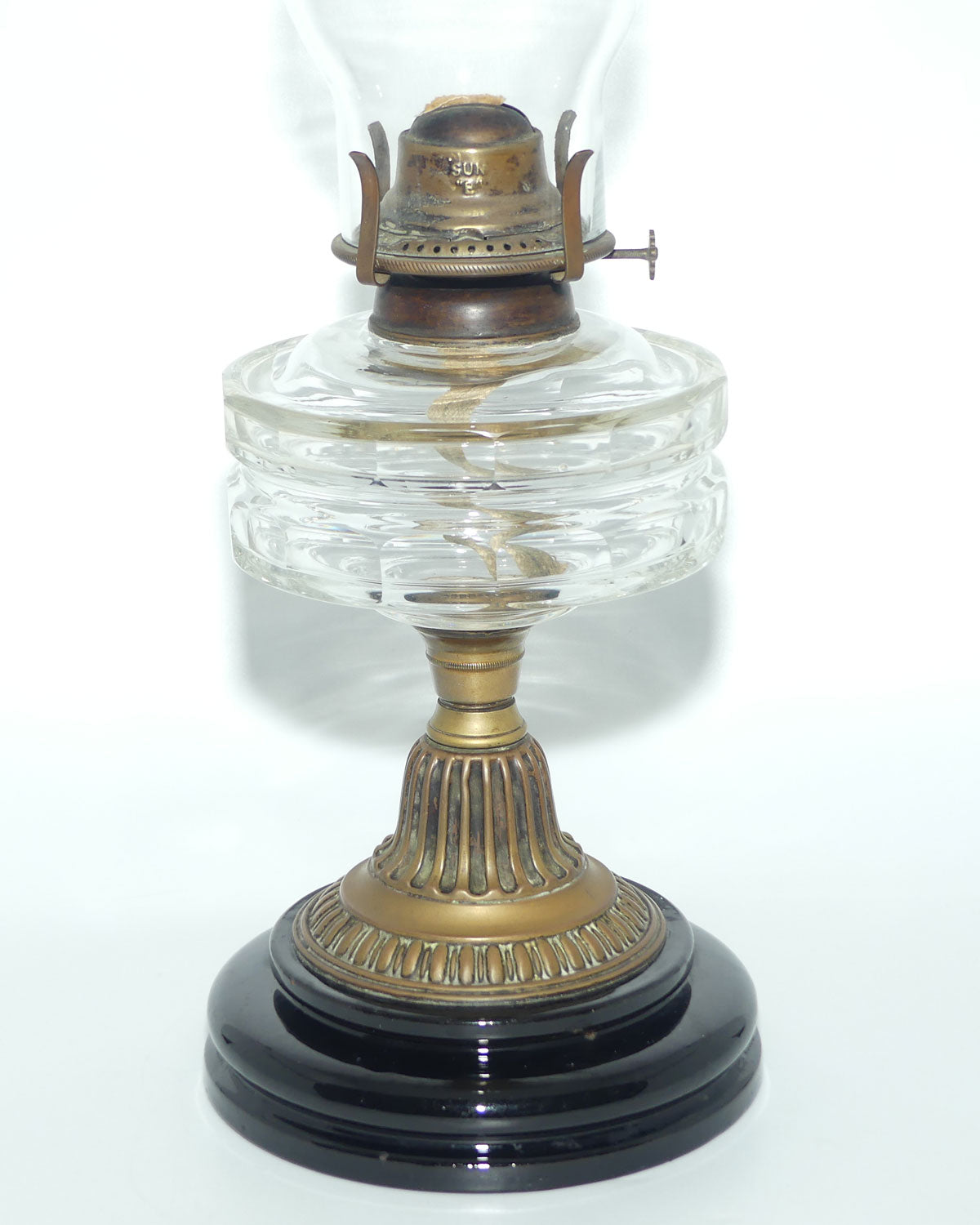Victorian facetted Crystal font Oil Lamp | Brass Column on Black Terracotta base