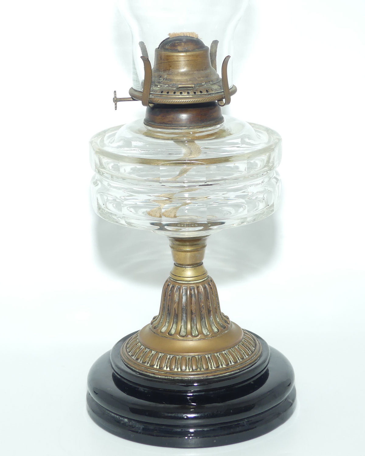 Victorian facetted Crystal font Oil Lamp | Brass Column on Black Terracotta base