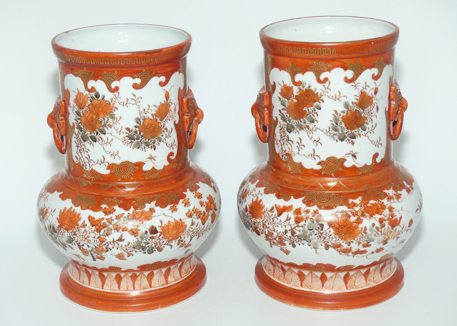 Pair of Japanese Kutani vases | Floral Decoration with figural handles | signed to base