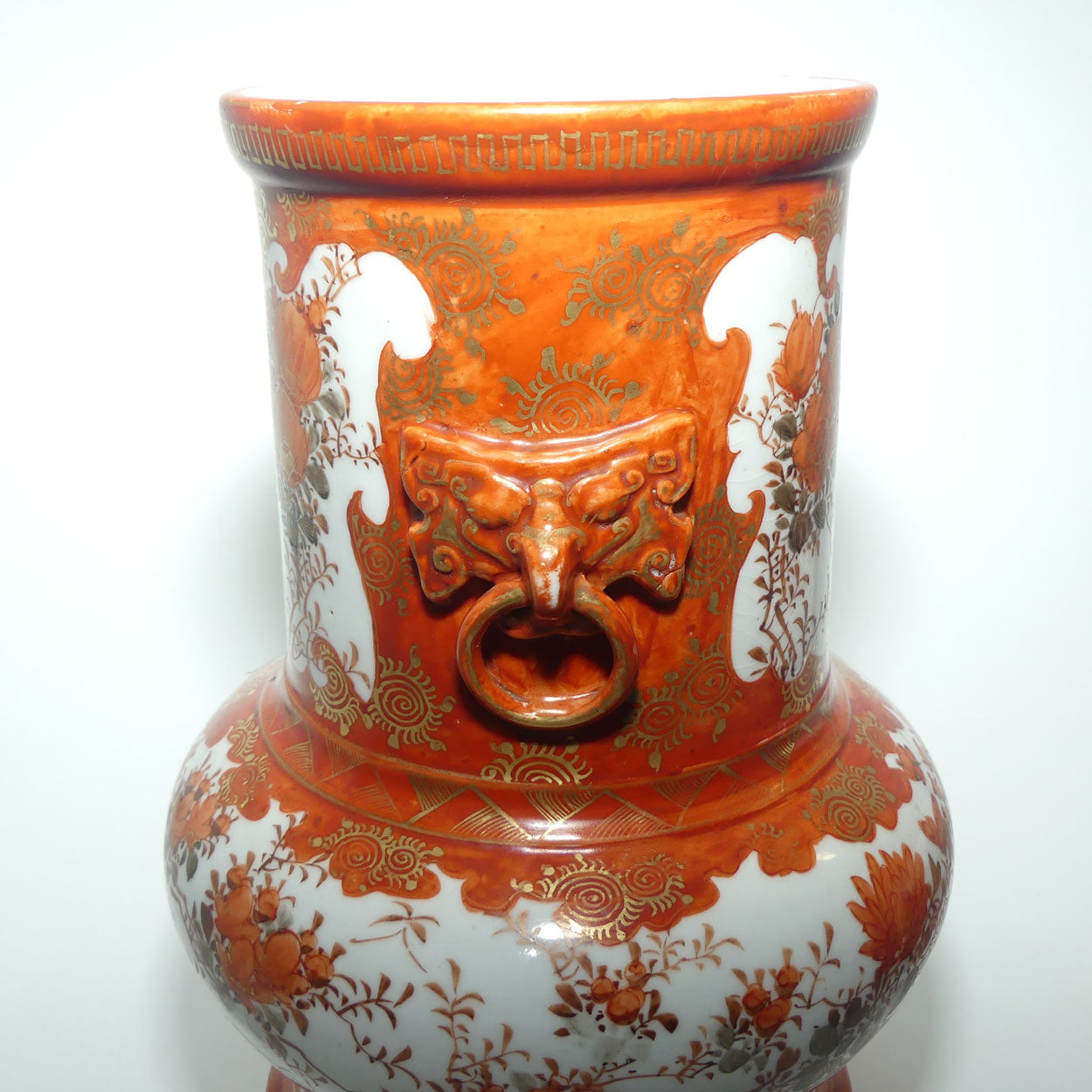 Pair of Japanese Kutani vases | Floral Decoration with figural handles | signed to base