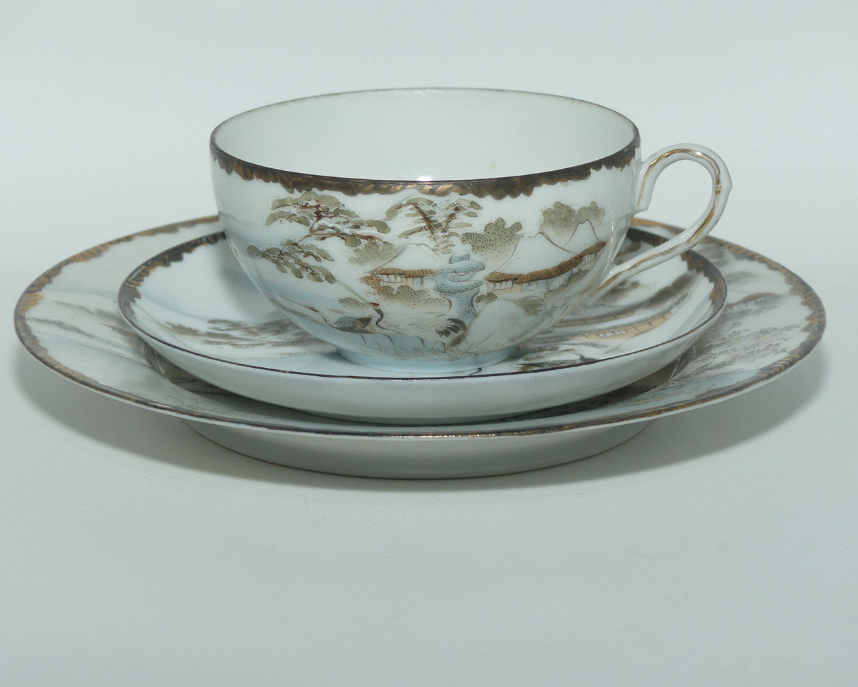 Japanese Egg Shell finely decorated Kutani tea trio #1