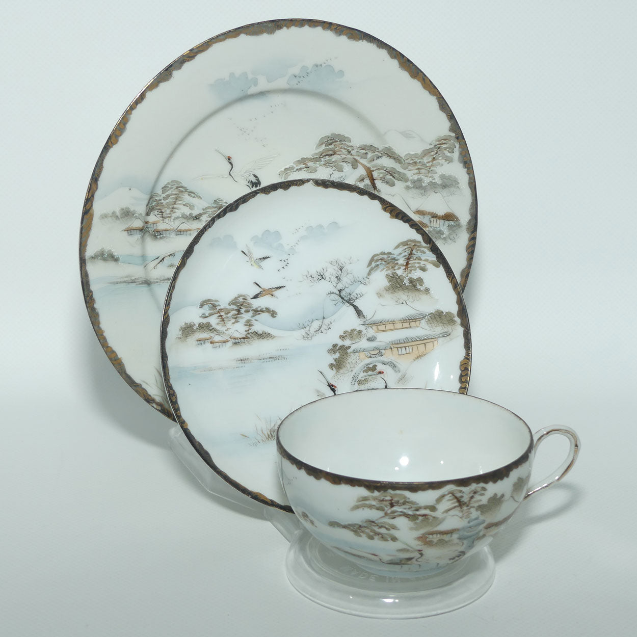 Japanese Egg Shell finely decorated Kutani tea trio
