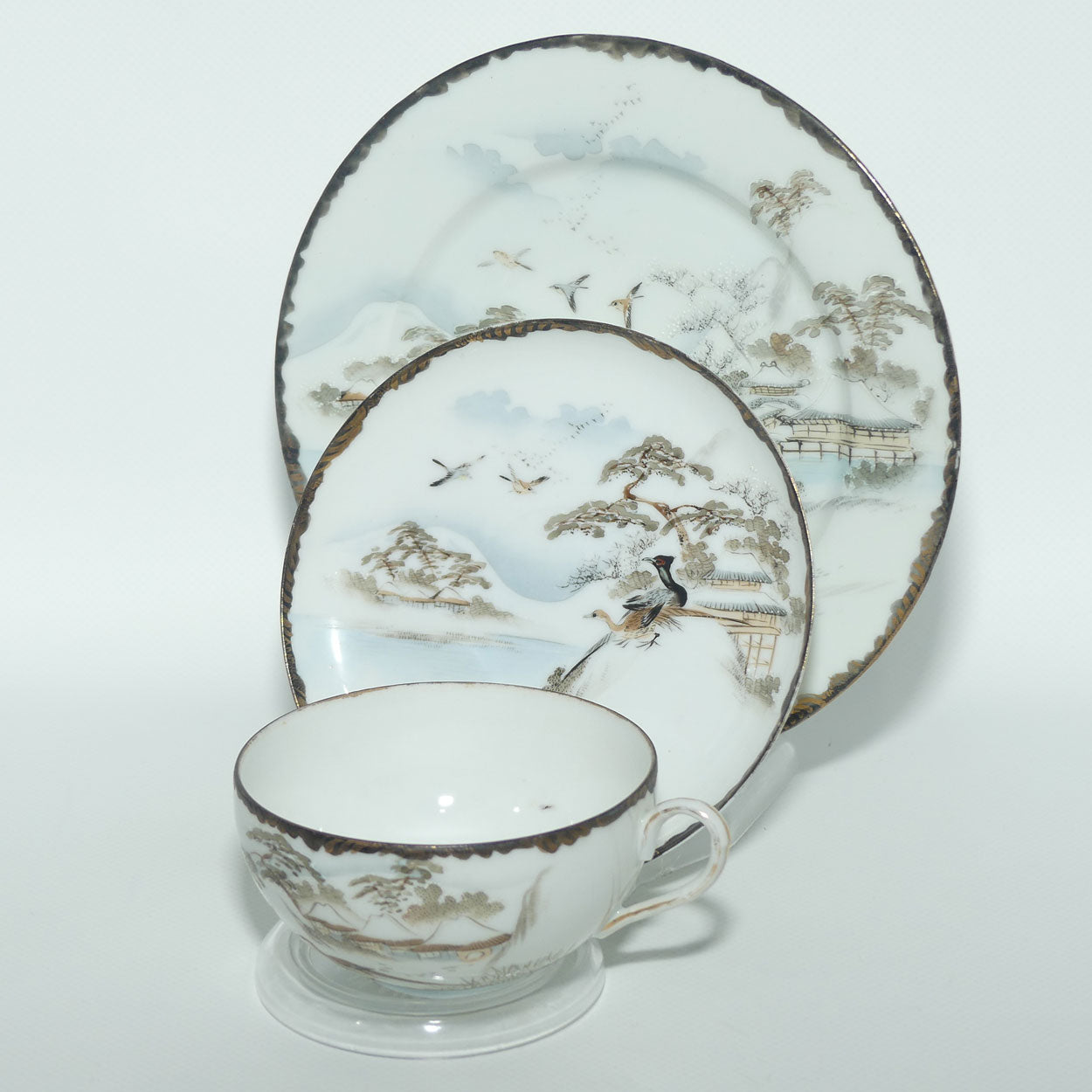 Japanese Egg Shell finely decorated Kutani tea trio