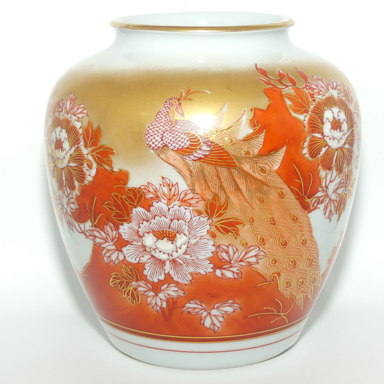 Japanese Kutani Ware Heavily Gilt vase depicting Peacock | original box