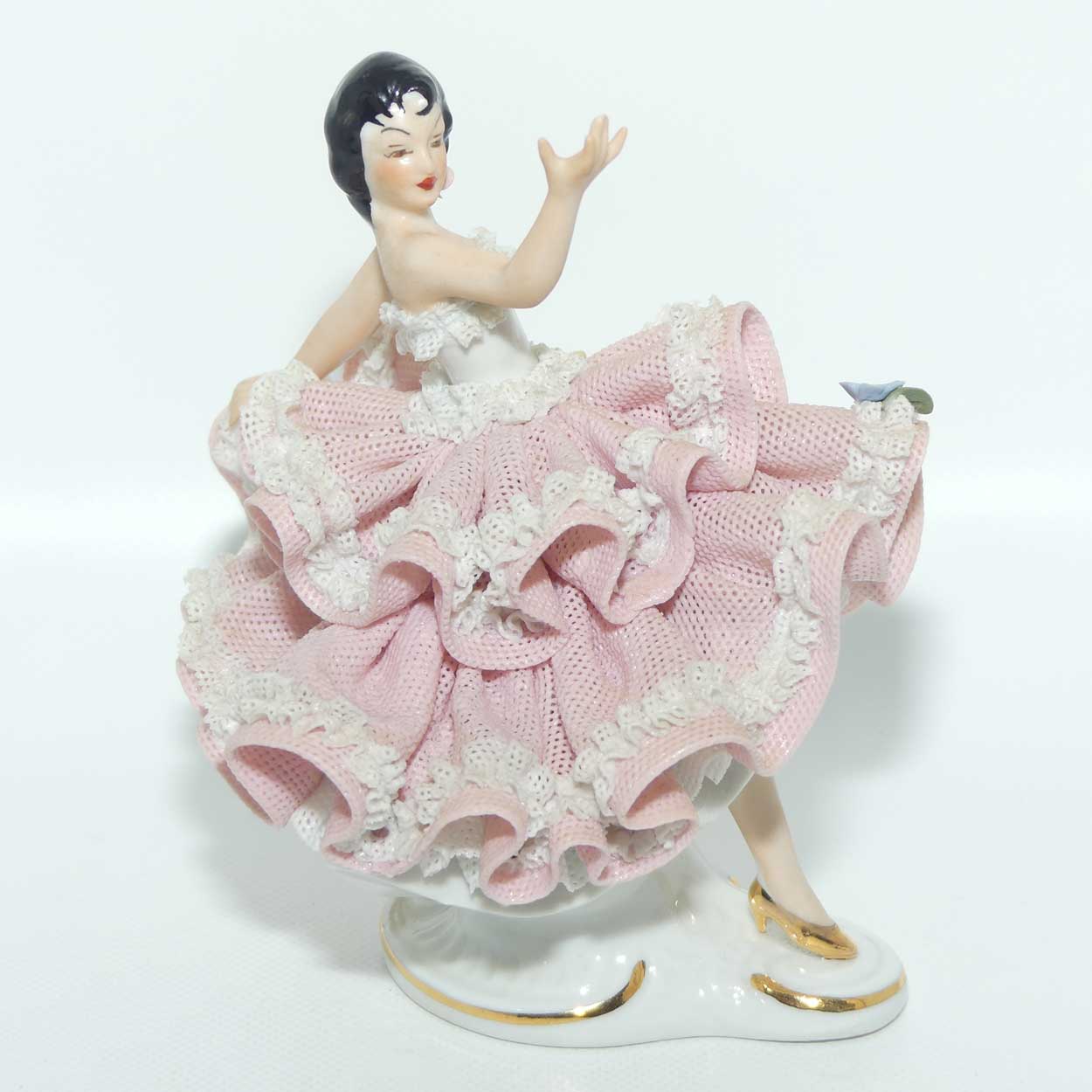 Dresden Sandizell Lace Dancer figurine | Hand Outstretched | Pink Floral Dress