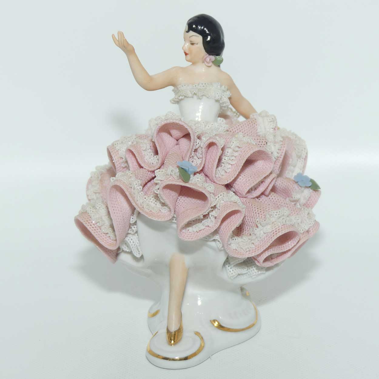 Dresden Sandizell Lace Dancer figurine | Hand Outstretched | Pink Floral Dress