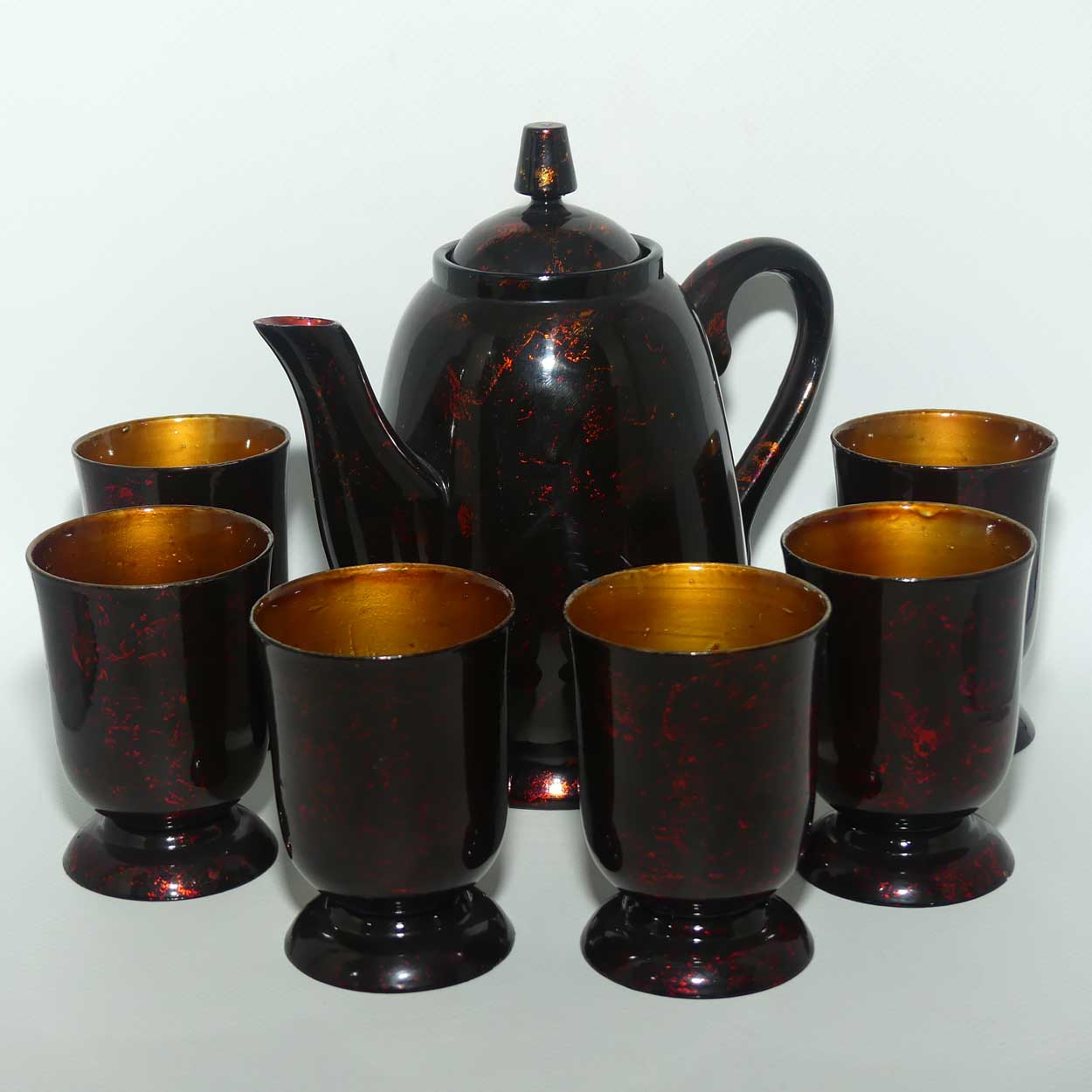 Red Lustre Japanese Lacquerware teapot and 6 cups set | Urushi