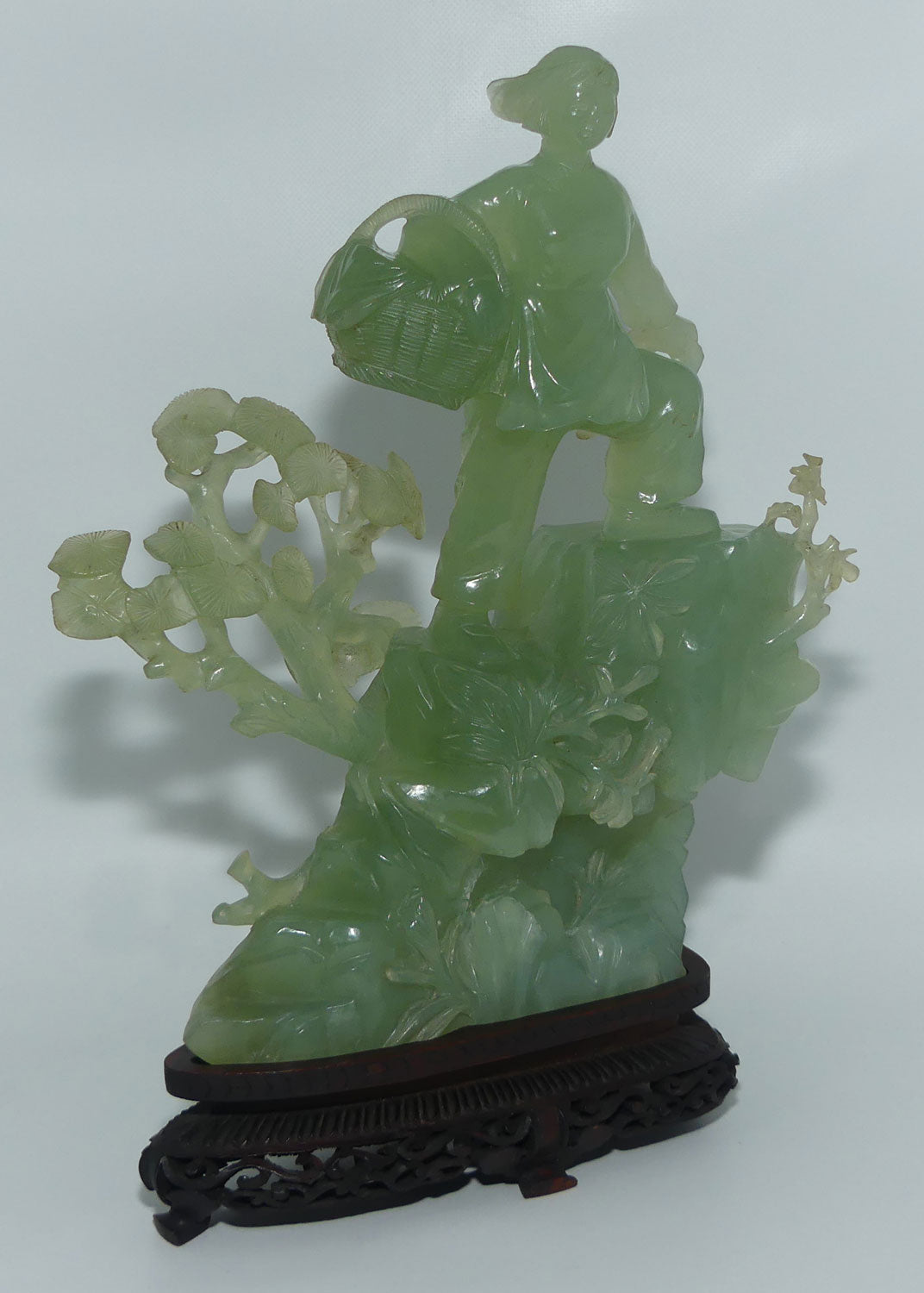 Mid 20th Century Chinese Nepthrite Green Jade Lady with Basket on stand