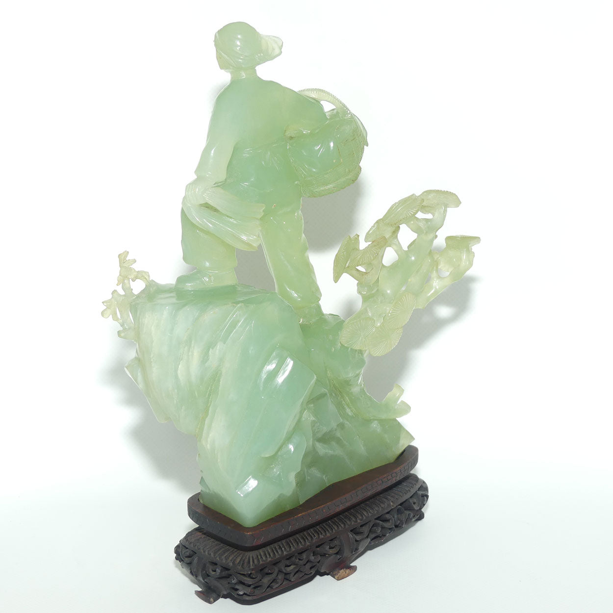 Mid 20th Century Chinese Nephrite Green Jade Lady with Basket on stand