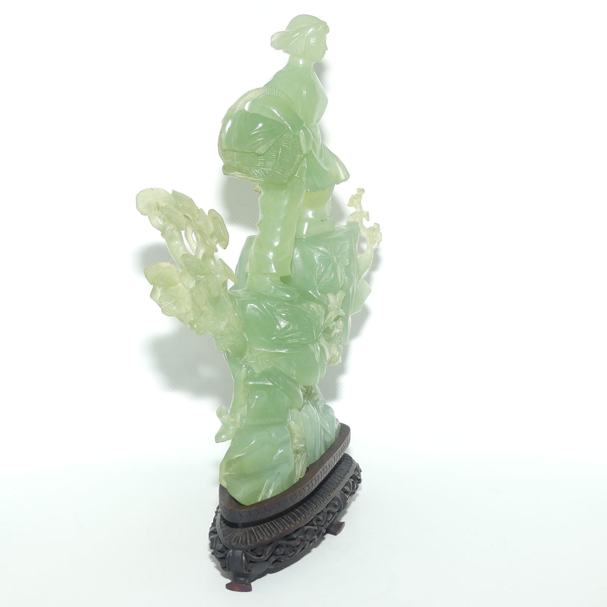 Mid 20th Century Chinese Nephrite Green Jade Lady with Basket on stand