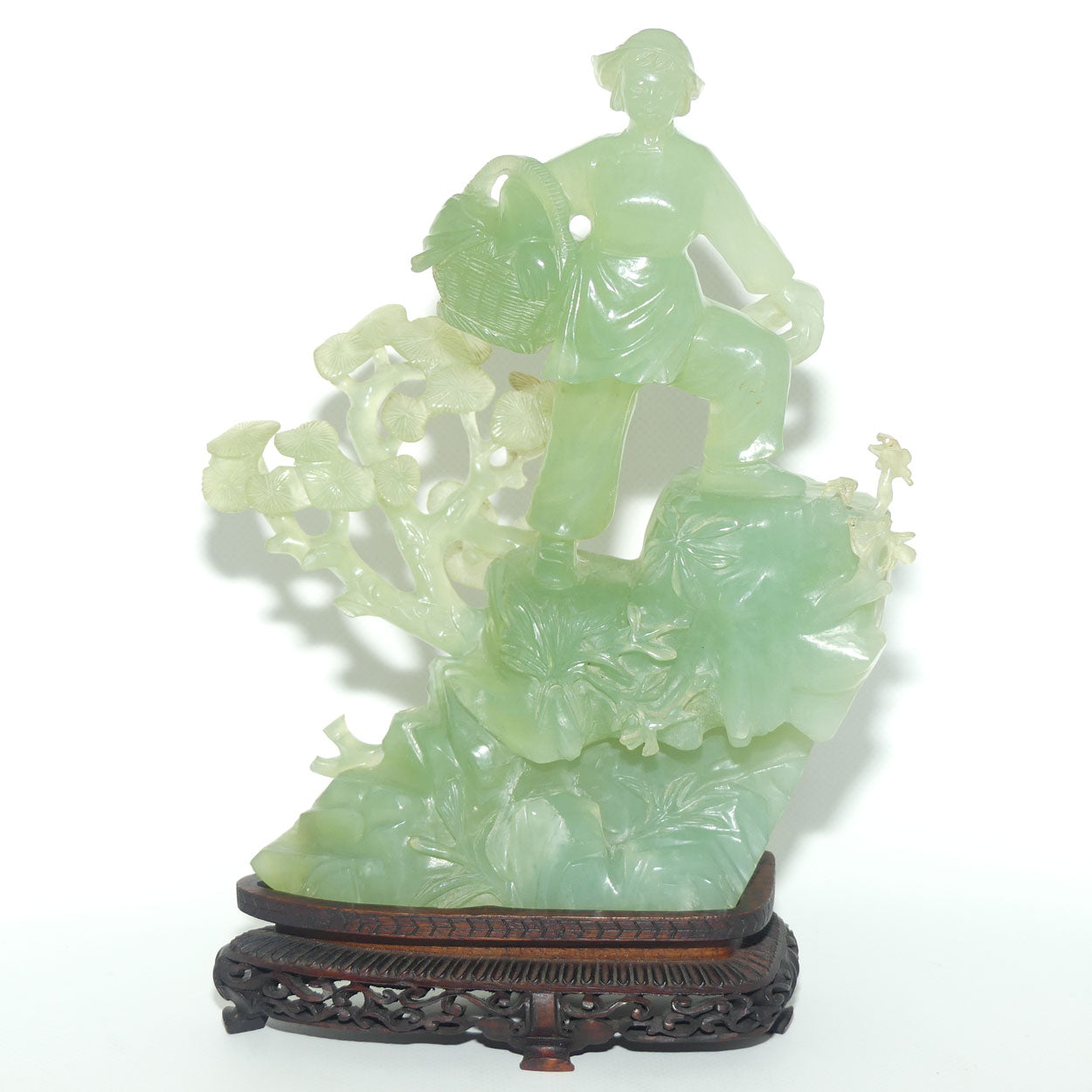 Mid 20th Century Chinese Nephrite Green Jade Lady with Basket on stand