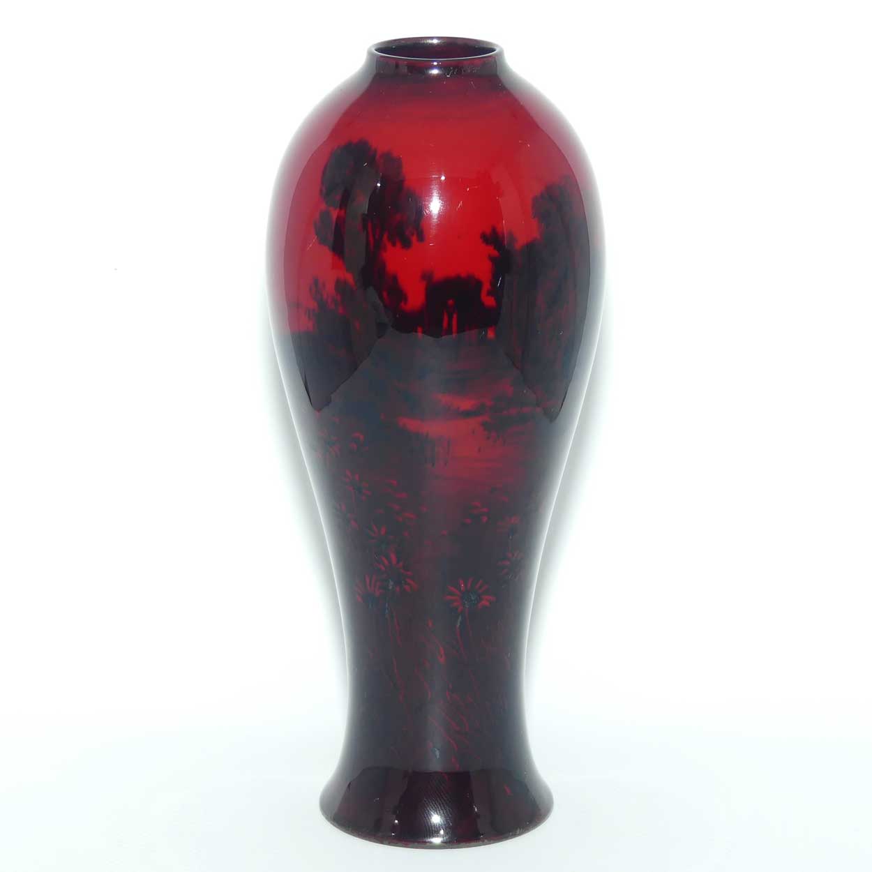 Royal Doulton Flambe slender reverse tapering vase | Lake and Daisy scene | 19cm