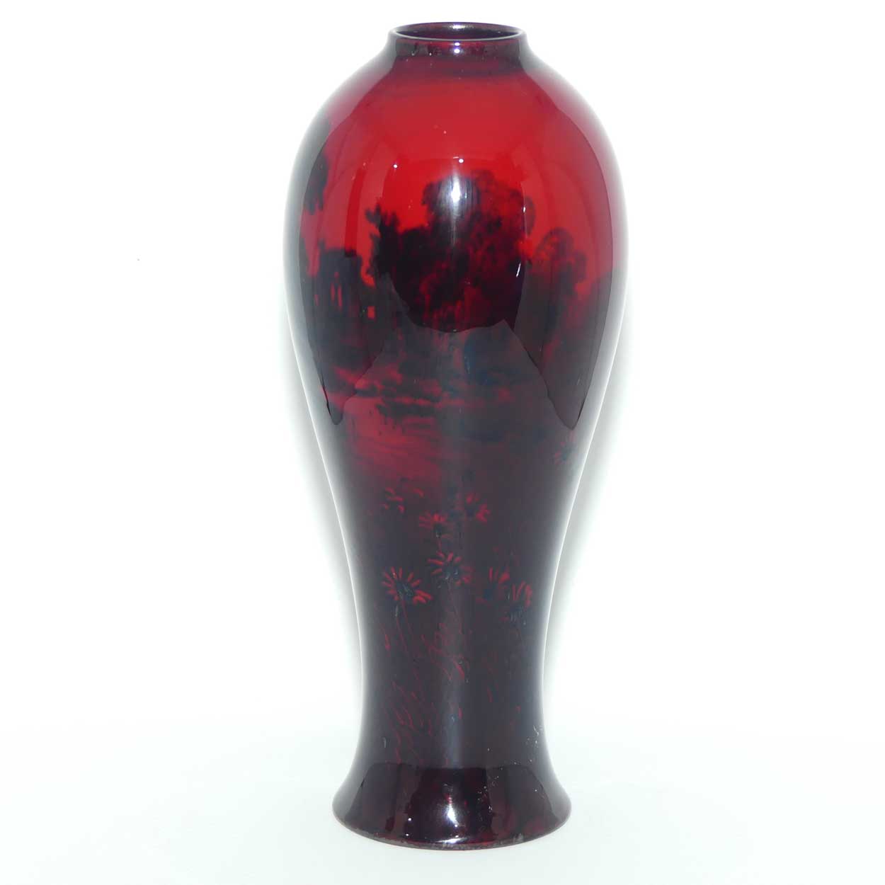 Royal Doulton Flambe slender reverse tapering vase | Lake and Daisy scene | 19cm