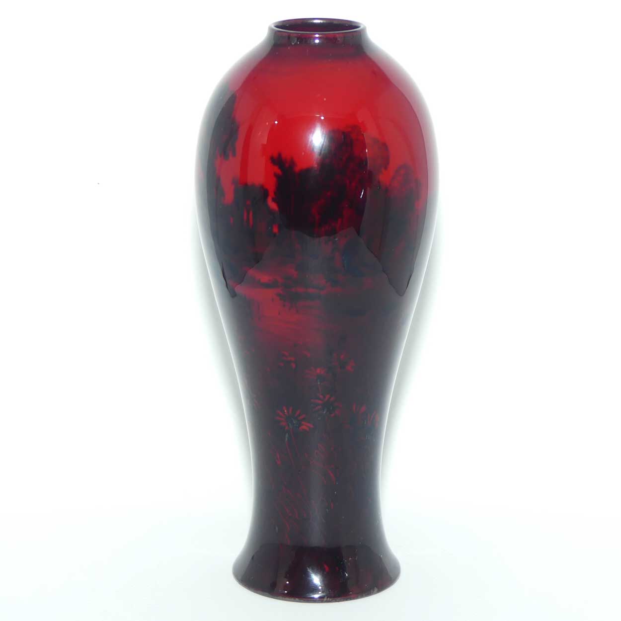 Royal Doulton Flambe slender reverse tapering vase | Lake and Daisy scene | 19cm