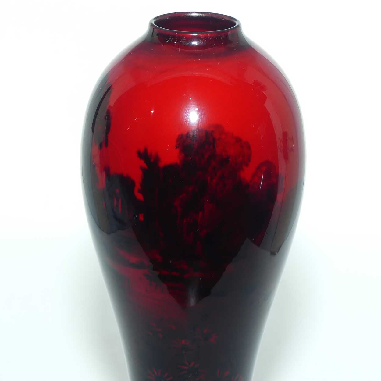 Royal Doulton Flambe slender reverse tapering vase | Lake and Daisy scene | 19cm