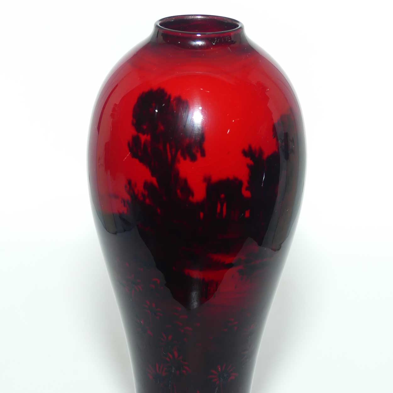 Royal Doulton Flambe slender reverse tapering vase | Lake and Daisy scene | 19cm