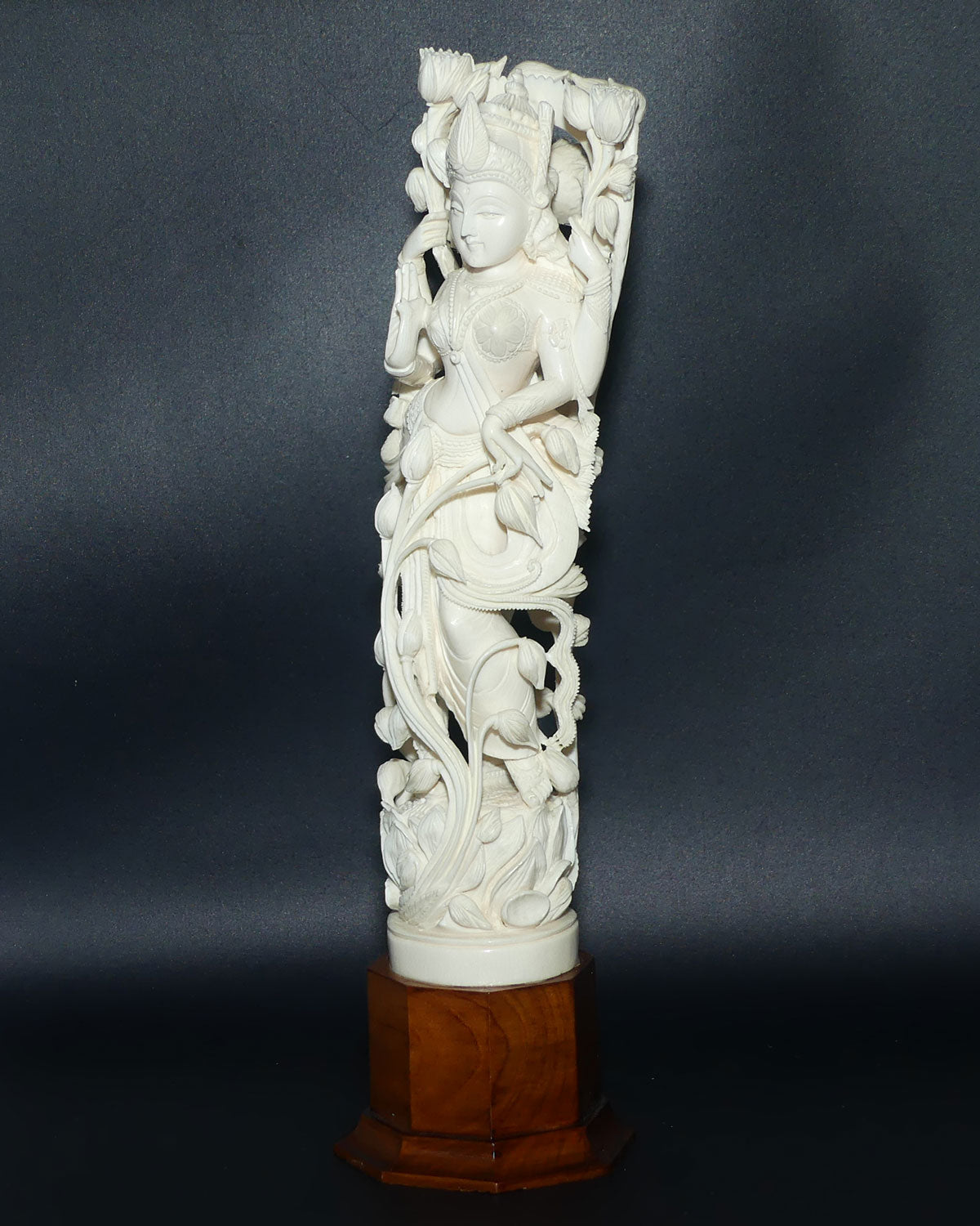 Magnificent Indian Carved Ivory figure on wooden base | Goddess Lakshmi