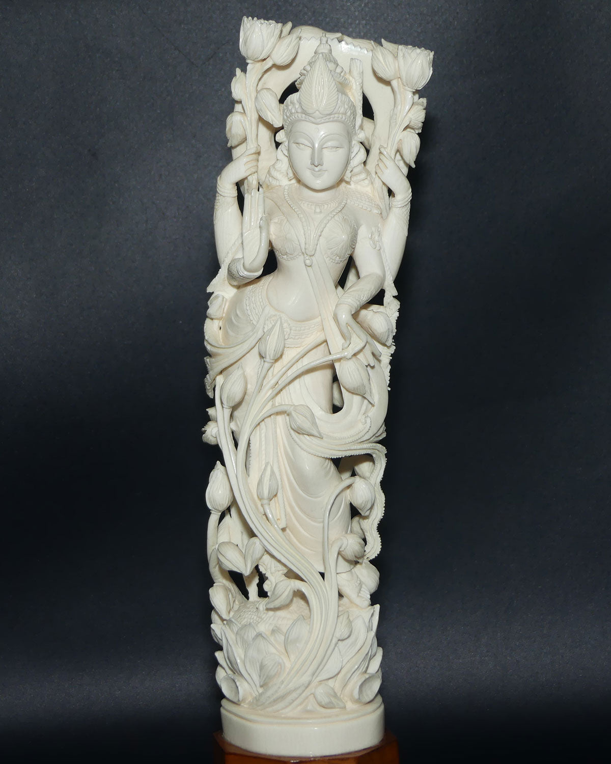 Magnificent Indian Carved Ivory figure on wooden base | Goddess Lakshmi