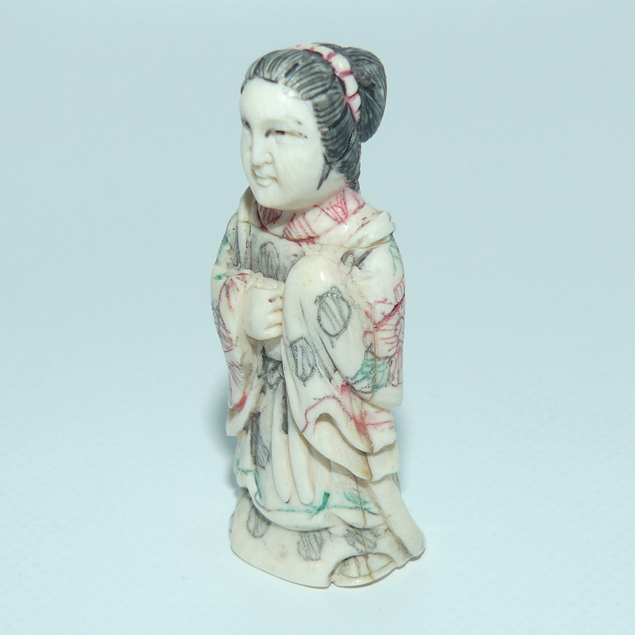 Japanese Carved Ivory and Bone miniature Okimono of Geisha