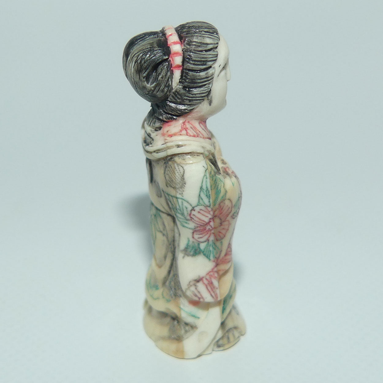 Japanese Carved Ivory and Bone miniature Okimono of Geisha