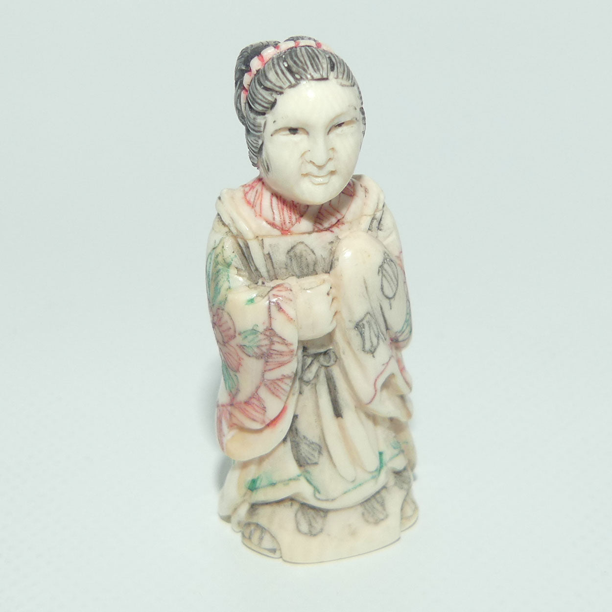 Japanese Carved Ivory and Bone miniature Okimono of Geisha