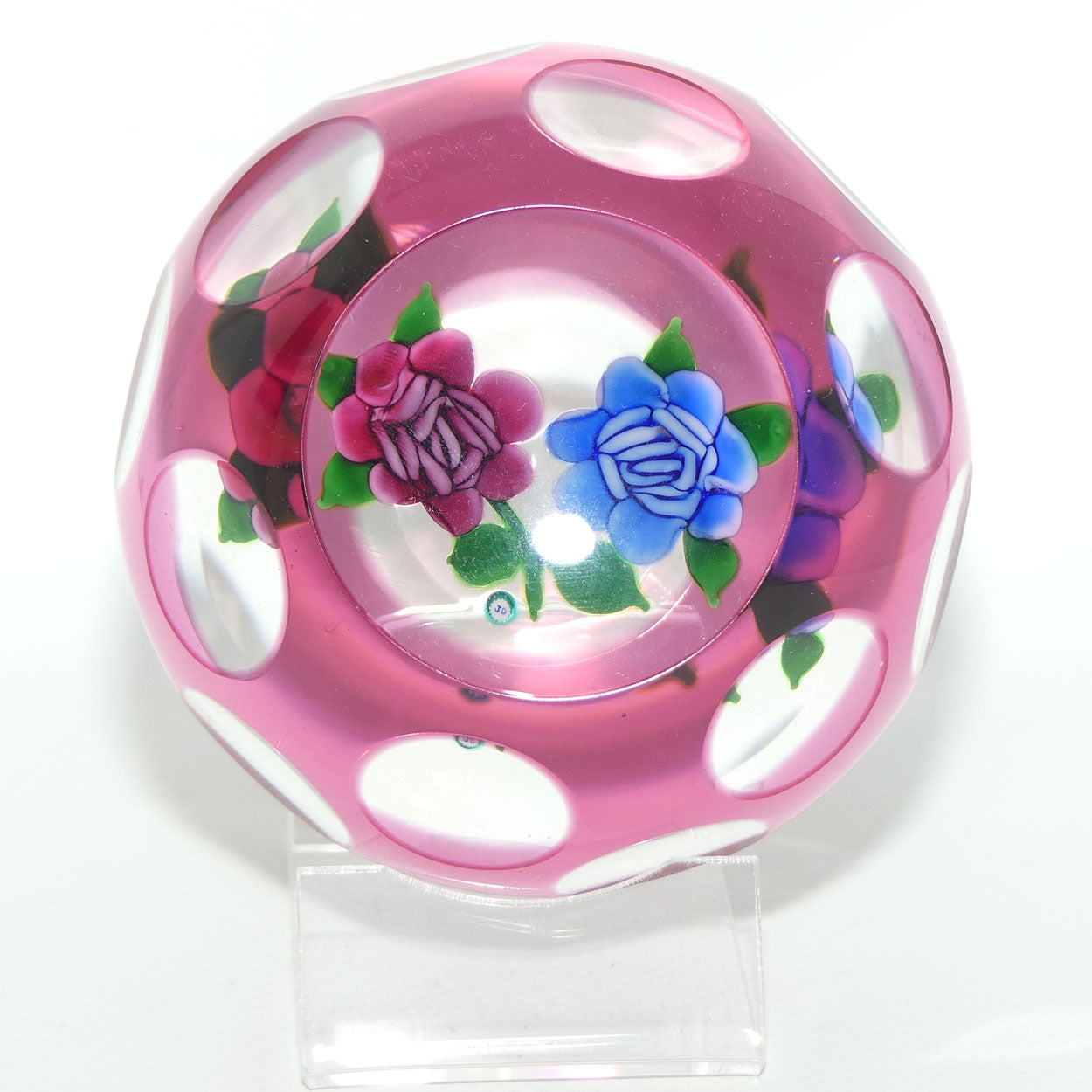 John Deacons Scotland Lampwork Roses with Cranberry Overlay paperweight