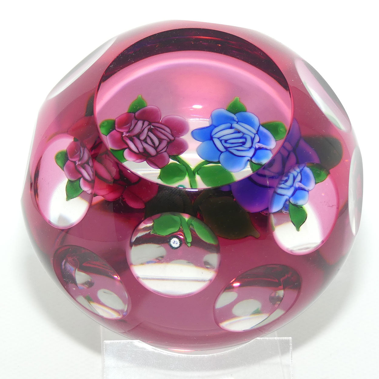 John Deacons Scotland Lampwork Roses with Cranberry Overlay paperweight