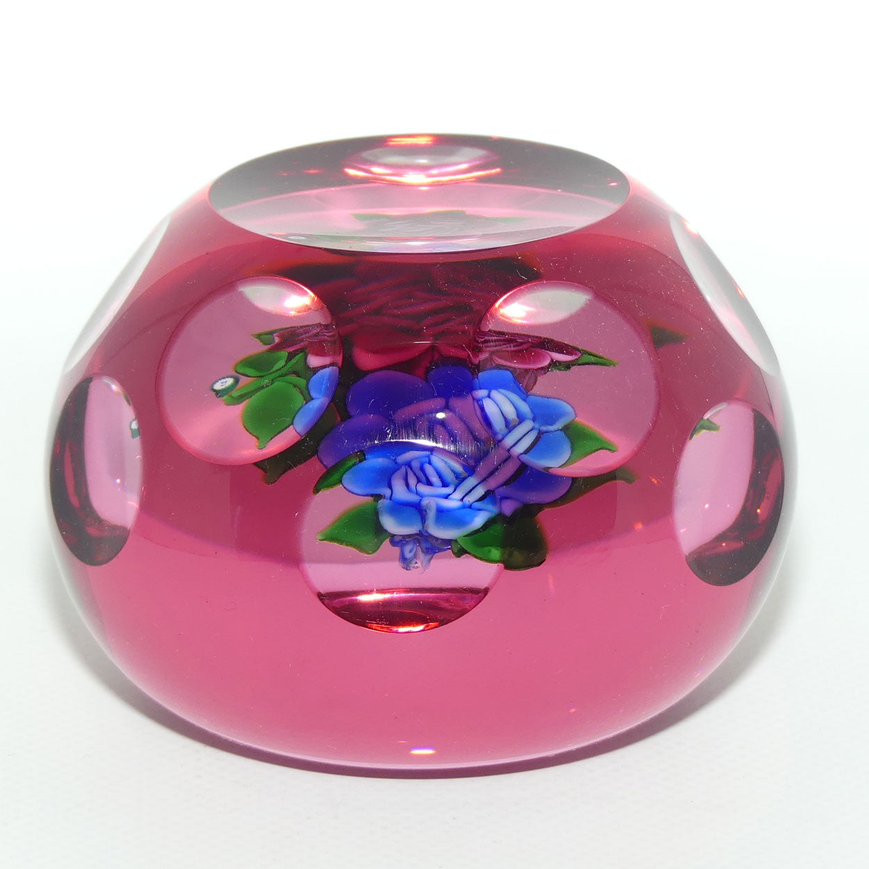 John Deacons Scotland Lampwork Roses with Cranberry Overlay paperweight