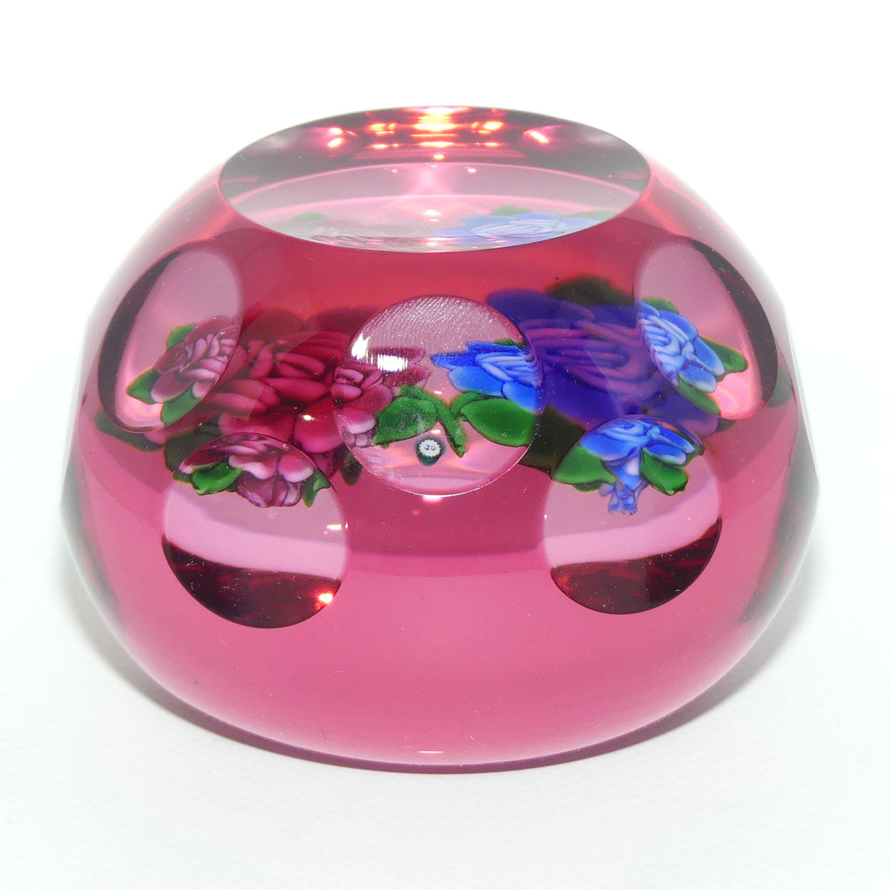 John Deacons Scotland Lampwork Roses with Cranberry Overlay paperweight