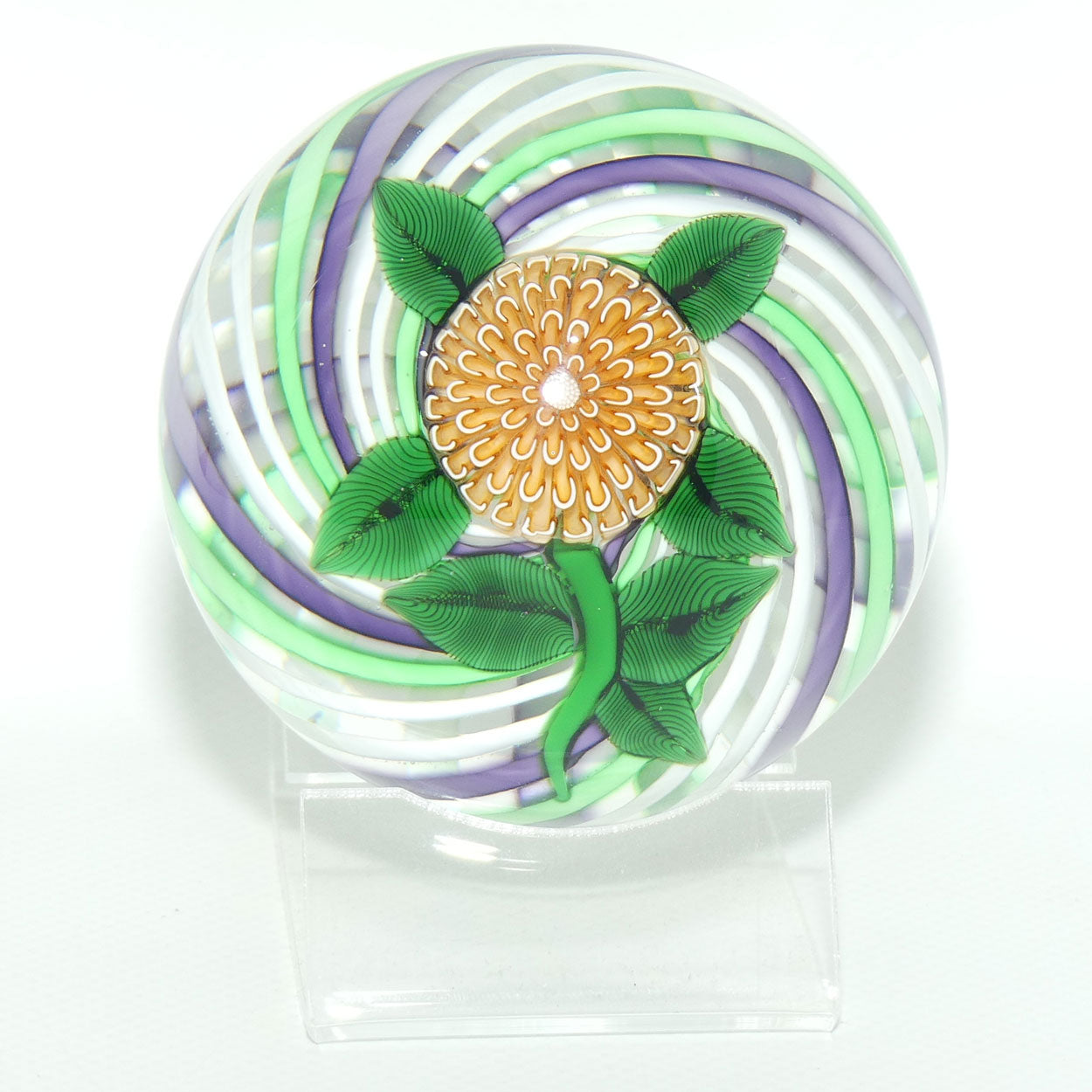 John Deacons Scotland Lampwork Pompom on Swirl Magnum Paperweight