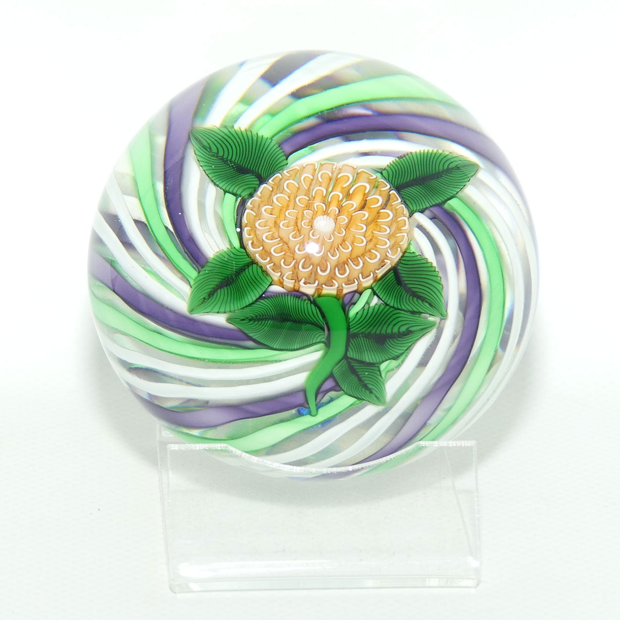 John Deacons Scotland Lampwork Pompom on Swirl Magnum Paperweight