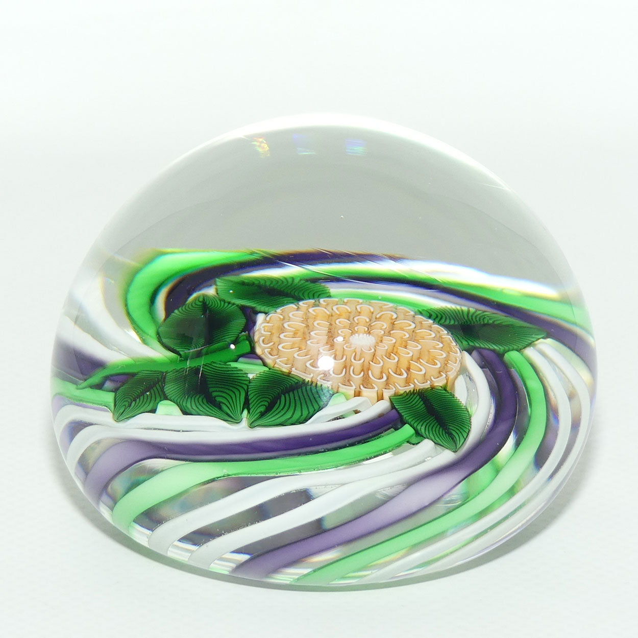 John Deacons Scotland Lampwork Pompom on Swirl Magnum Paperweight