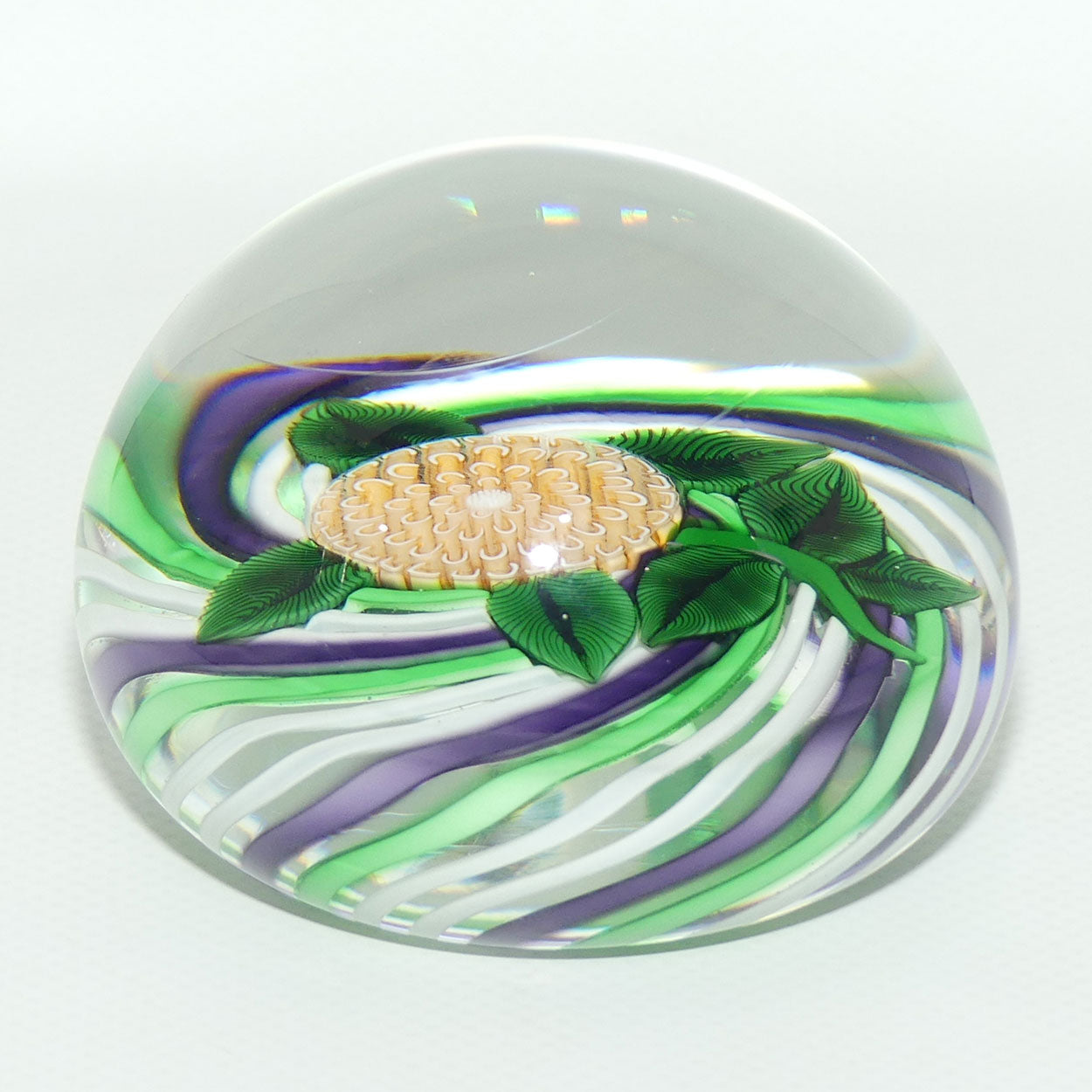 John Deacons Scotland Lampwork Pompom on Swirl Magnum Paperweight