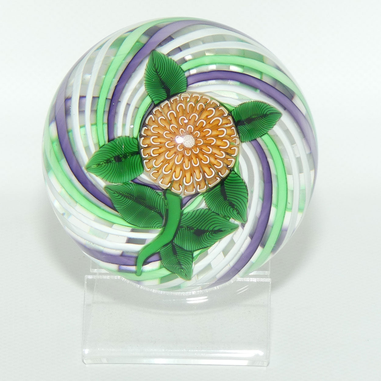 John Deacons Scotland Lampwork Pompom on Swirl Magnum Paperweight