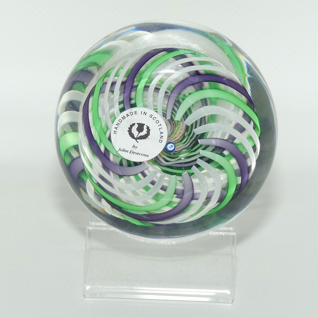 John Deacons Scotland Lampwork Pompom on Swirl Magnum Paperweight